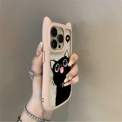 Cute Cartoon Love Heart Black Cat Case with Cat Ear Design - Transparent Cover - iPhone 16 Plus (Pink AXXHM)