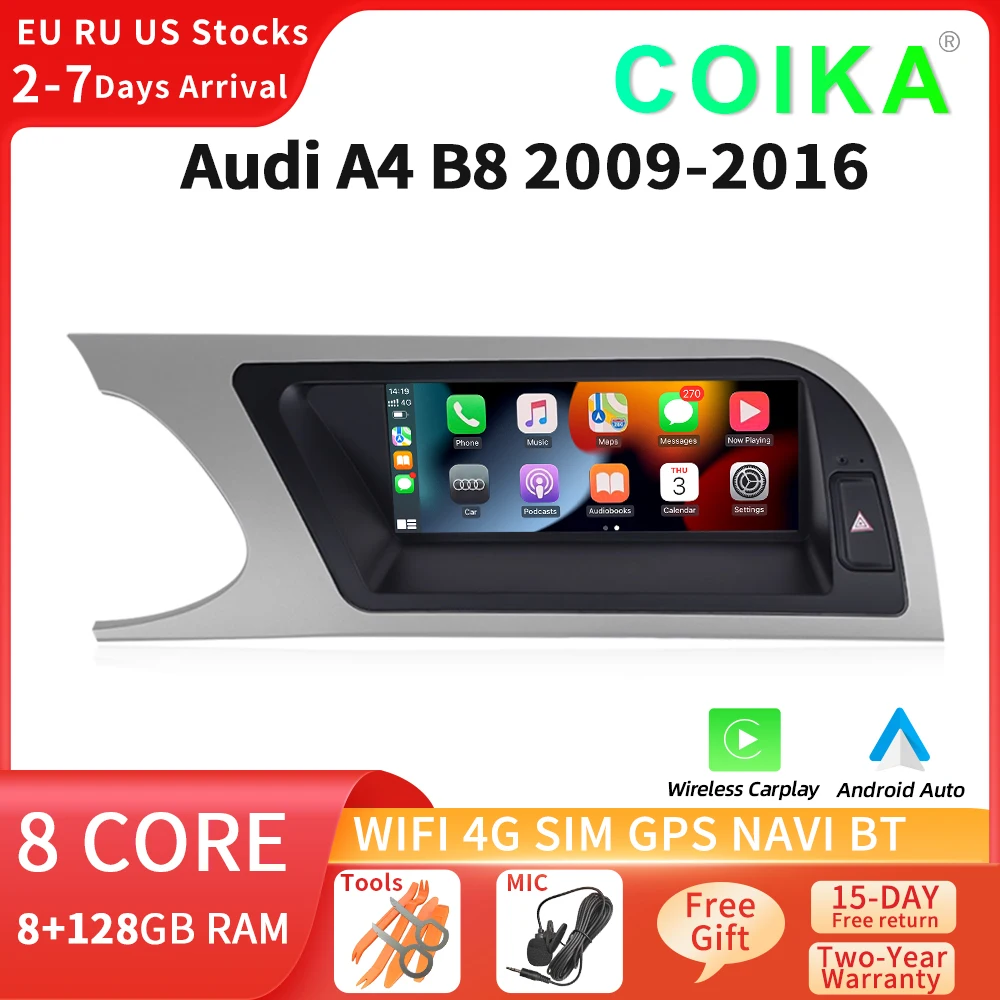 

Автомобильный мультимедийный плеер Carplay для Audi A4 B8 2009-2016 с поддержкой Wi-Fi, SIM, Android 12, 8-ядерный процессор, Google BT GPS навигатор, приемник для планшета