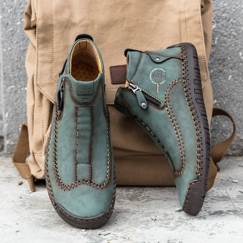 Men Leather Outdoor Ankle Boots Work Handmade Metal Zipper