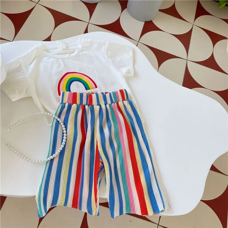 Girls T-shirt Sets Summer Children Clothing Suits Kids Rainbow Print Short Sleeve Outfits Teen Thin Tops+Pants 2Pcs 2-8 Years - 3