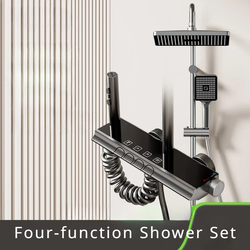 

Hot Cold Thermostatic Shower System 4 Ways Water Outlet Wall Mounted Space Aluminum Shower Set Bathroom Faucet Shower Set