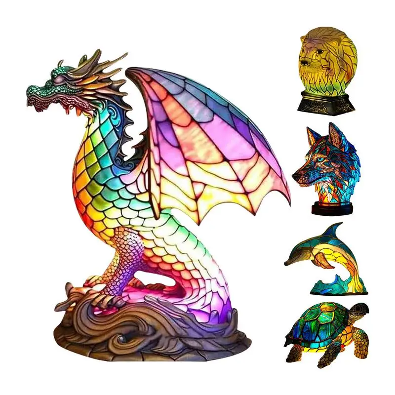 

Colorful Animal Style Desk Lamps Vintage Stained Glass Dragon Sea Turtle Table Lamp Rechargeable Cartoon Animal Bedrom Decor toy