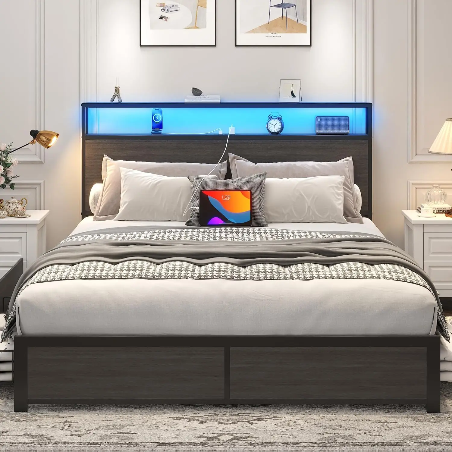 Queen Bed Frame with 2-Tier Storage Headboard, Metal Platform Bed Frame with 4 Storage Drawers, Built in Charging Station & LED