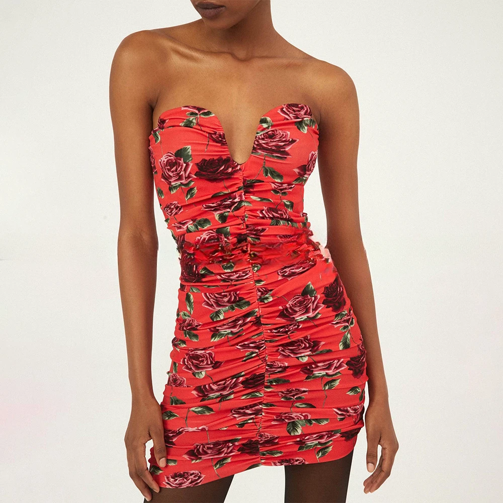 

Women's Spring and Summer Smock Dress Retro Niche Fashion Rose Print Hollow Out Chest Slim Package Hip Elegant Stylish Gown