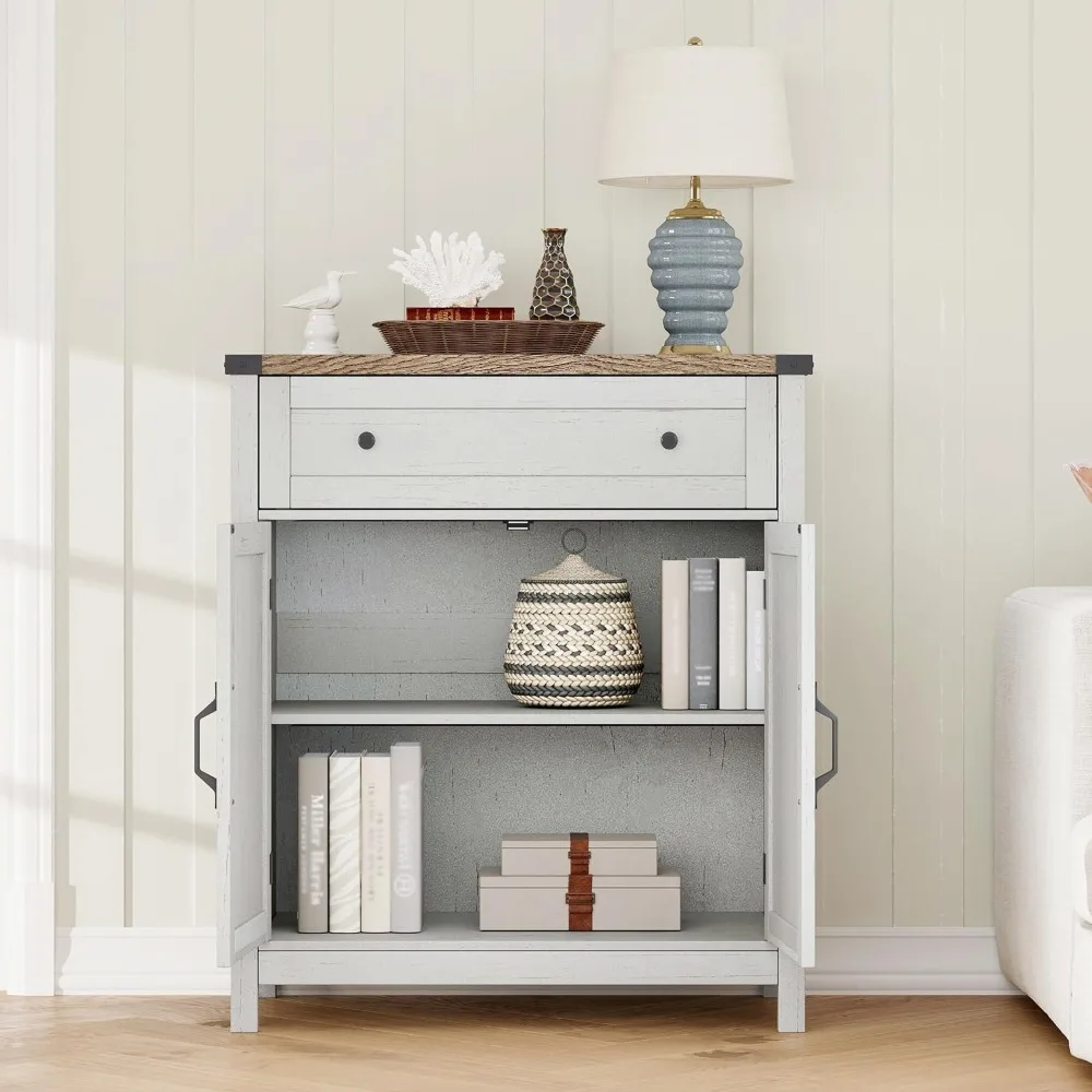 Farmhouse Kitchen Storage Cabinet with Drawer, White Coffee Bar Sideboard for Living Room