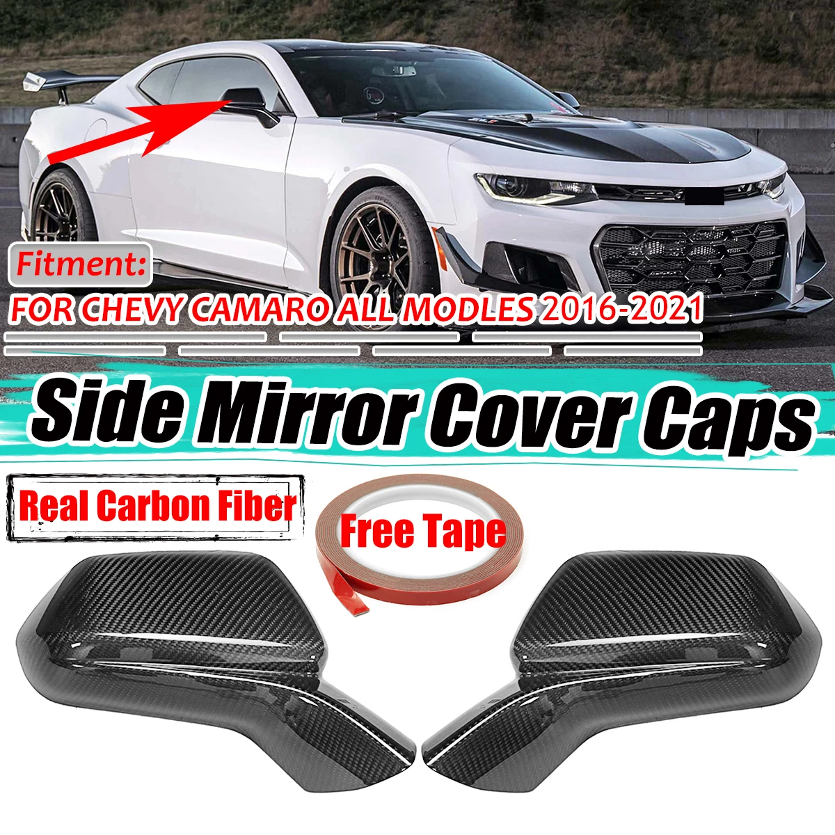 

A Pair Real Carbon Fiber Car Add-On Side Door Rear View Mirror Cover Caps For Chevy For Camaro All Models 2016-2021 2017 2018