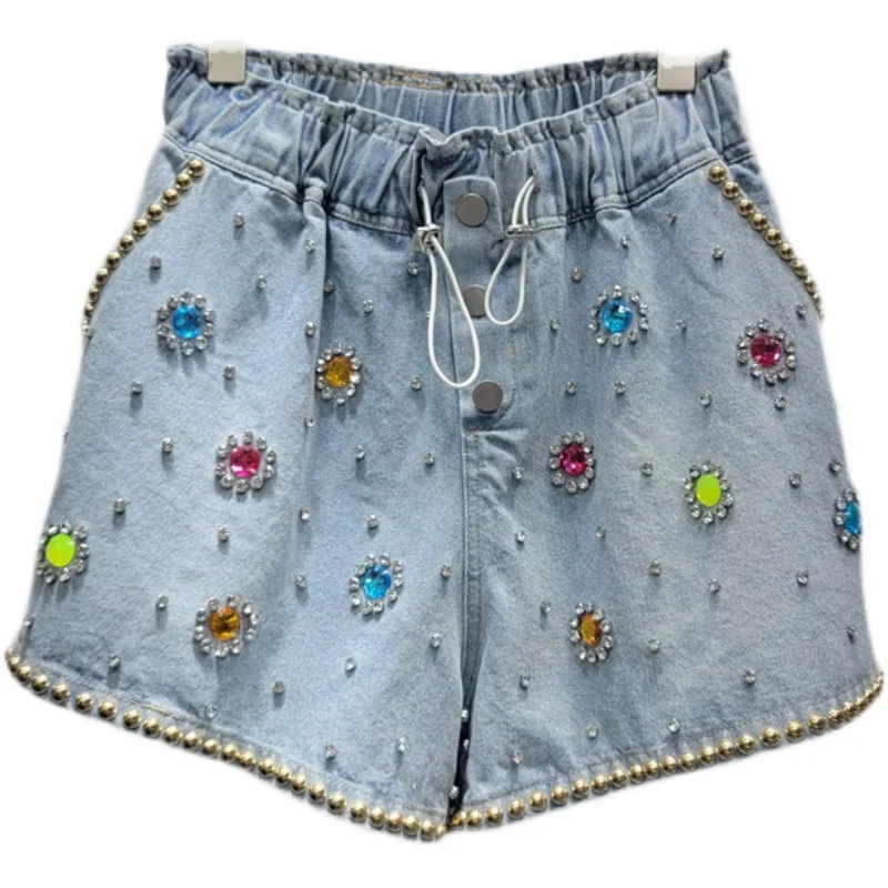 New Arrival Heavy Industry Beads Color Diamond High Waist Jeans Shorts Women Loose Slimming Casual Denim Shorts Summer Bottoms