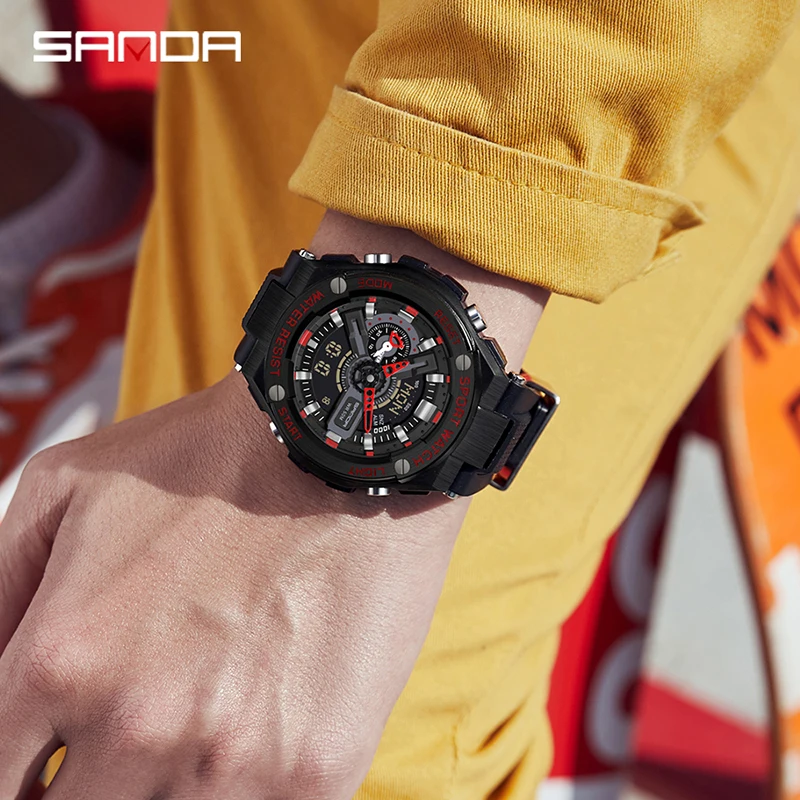 SANDA 3170 New Handlift Light Multi functional Sports Waterproof and Shockproof Alarm Clock Men's Watch Digital Wristwatches