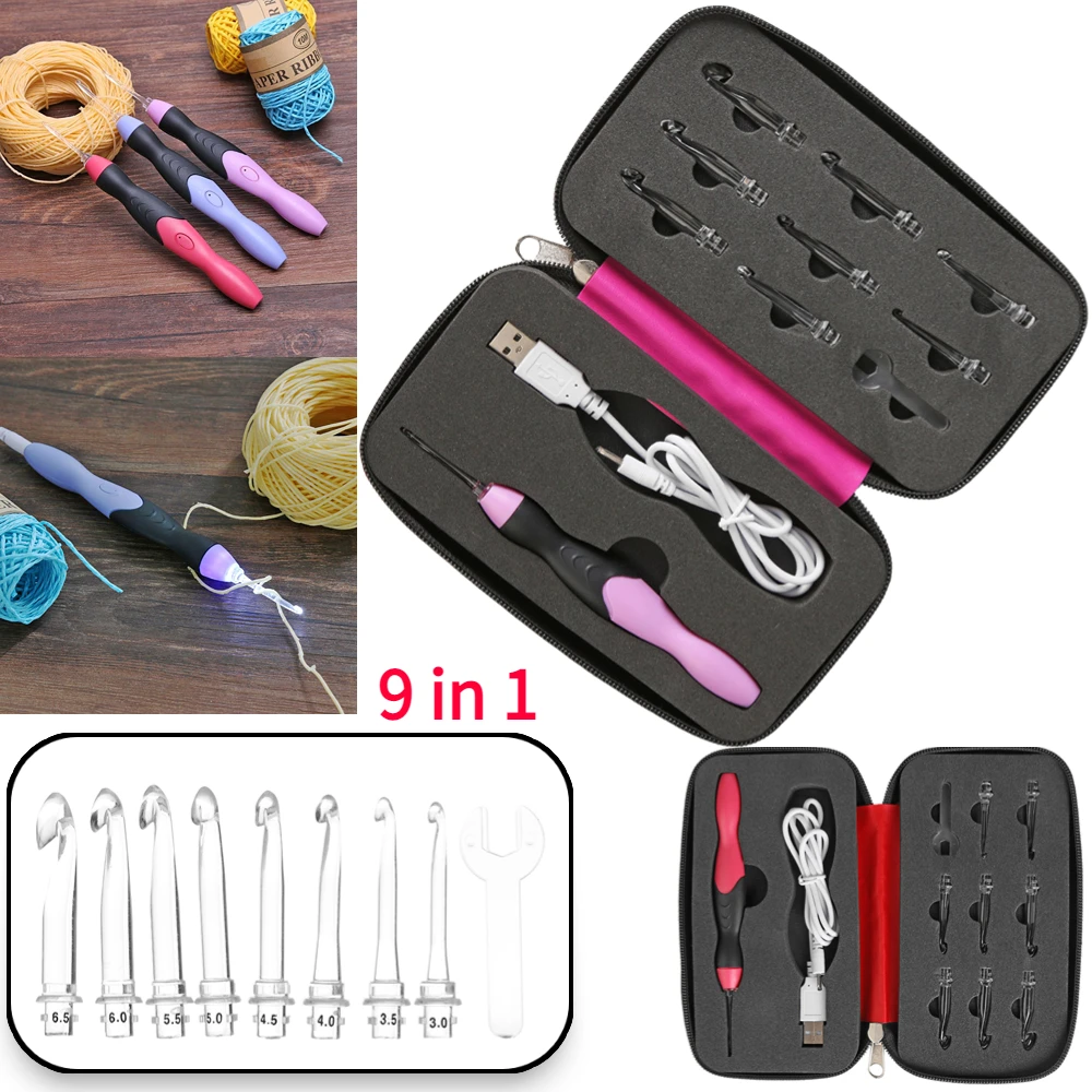 

9 in 1 USB LED Light Up Crochet Hooks Knitting Needles Sewing Tools Set DIY Weaving Sweater Tools Sewing Accessories