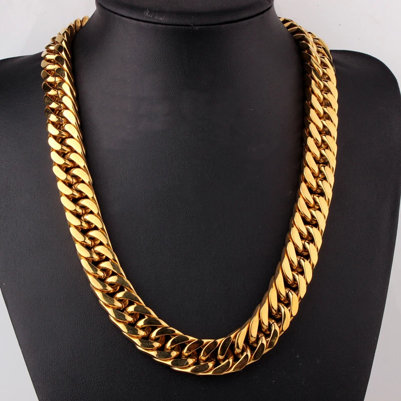 

Men Necklace Chain Heavy Thick 138G Real 18k Gold Color Curb Cuan Chain Collar Jewelry Gift 60cm Long