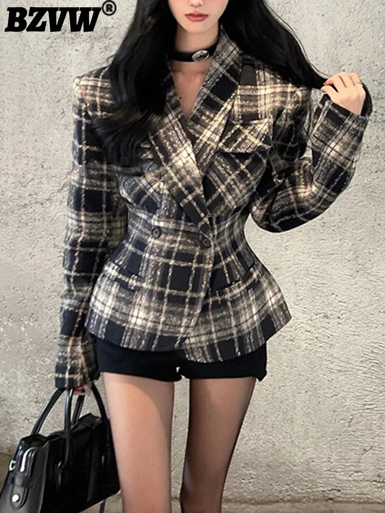 

BZVW British Style Woolen Blazer Jacket For Women Clothing 2023 Winter New Trend Vintage Plaid A-line Waist Female Tops 25X4021