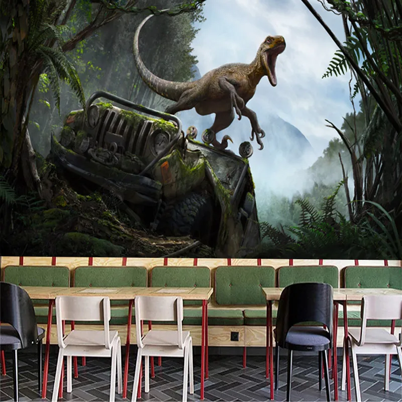 레트로 가스 자동차 숲 공룡 사용자 정의 3D 벽화 벽지, 자체 접착 벽지, 침실, 거실, 소파 배경 벽