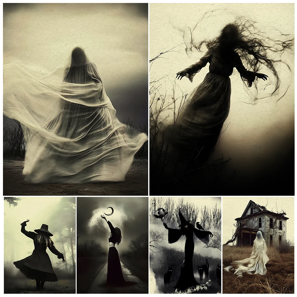 Dancing Witch And Ghost Vintage Wall Art Canvas Painting The Beauty Of The Dark Witch Art Poster And Print Home Decor Unframed hot selling 5 pieces home decor print oil painting wall art decorations wall canvas vintage rolls royce silver ghost modular