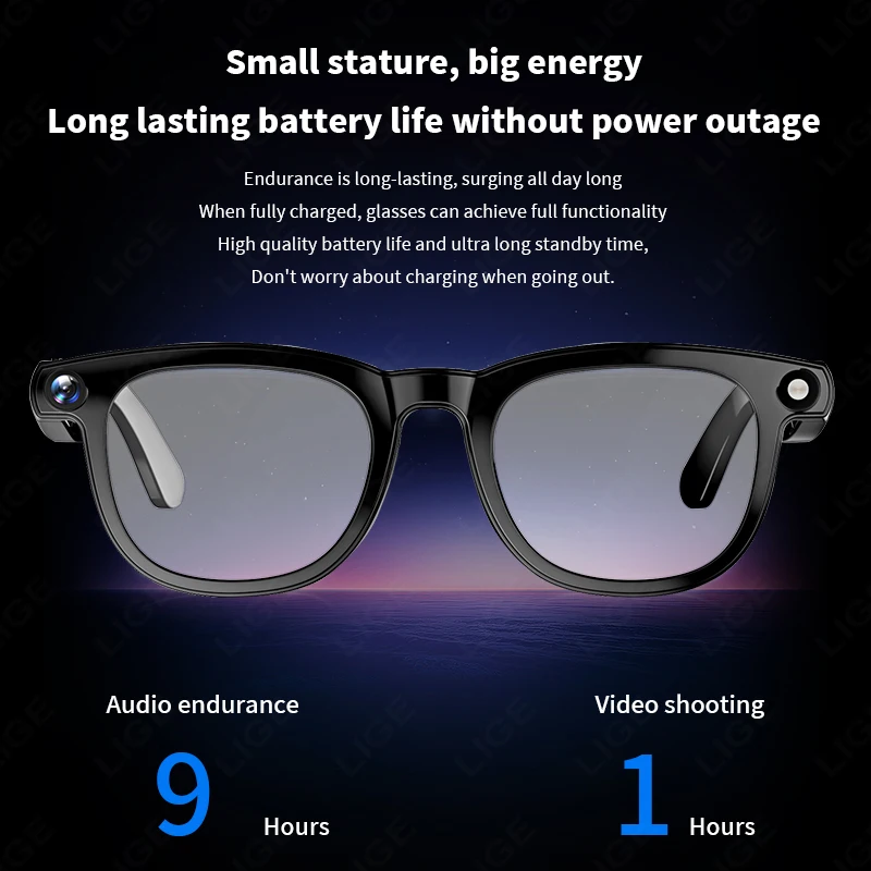 LIGE AI 800W Camera Smart Glasses 1080P HD Video Recording Translation Object Recognition Bluetooth Call Music Sunglasses Lenses