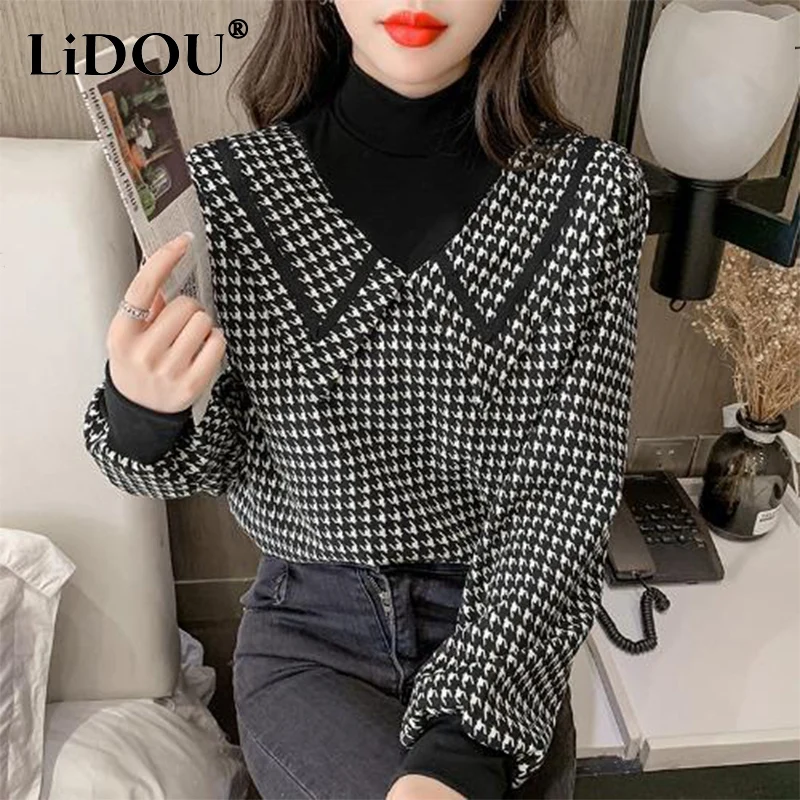 

Spring Autumn Fake Two Piece Houndstooth Print Pullover Shirt Women Elegant Fashion All-match Blouse Ladies Loose Casual Blusa