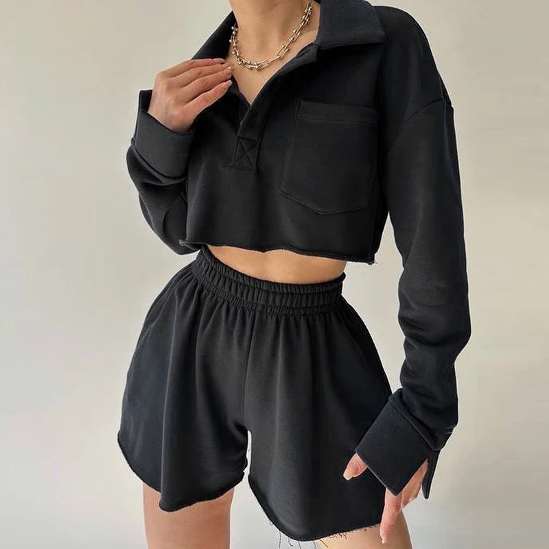 

Autumn Spring Loose Tracksuit Suit Fashion Simple Lapel Long Sleeve Tops+A-Line Shorts Outfits Female Casual Solid Color 2pc Set