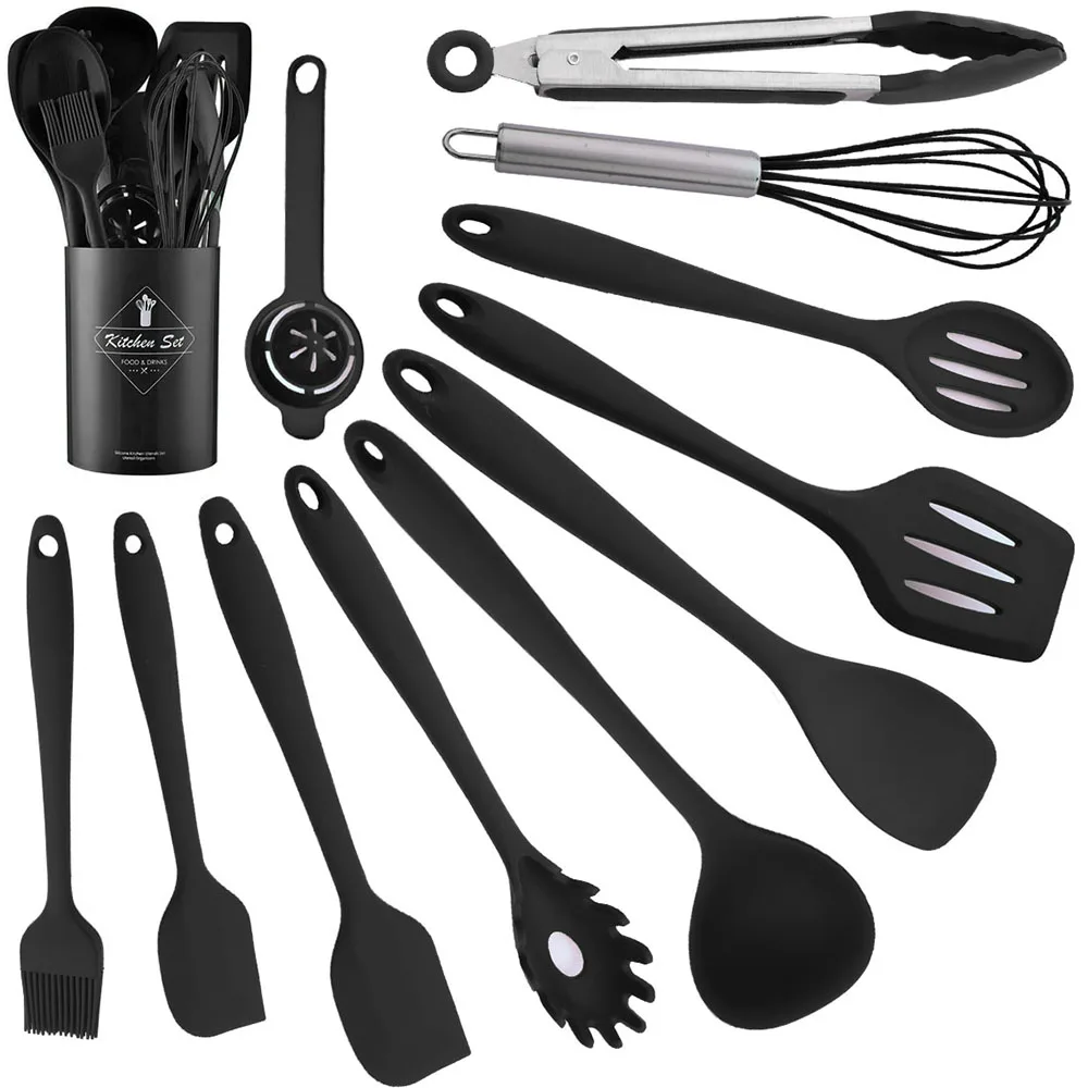 12PcsBlackCookingUtensilsToolsSiliconeSpatulaSoupSpoonKitchen
