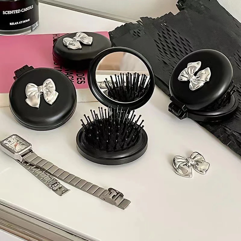 Cute Folding Massage Comb With Makeup Mirror Travel Portable Plastic Airbag Small Comb Hair Brush Bow Tie Air Cushion