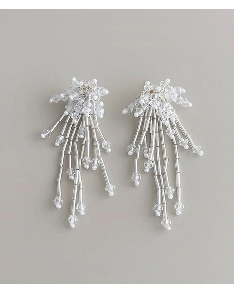 2025, handgefertigte baumelnde Ohrringe mit Kristallquasten | Barockes Perlen-Feuerwerk-Blumendesign | Eleganter Statement-Schmuck für Damen – Detail 3