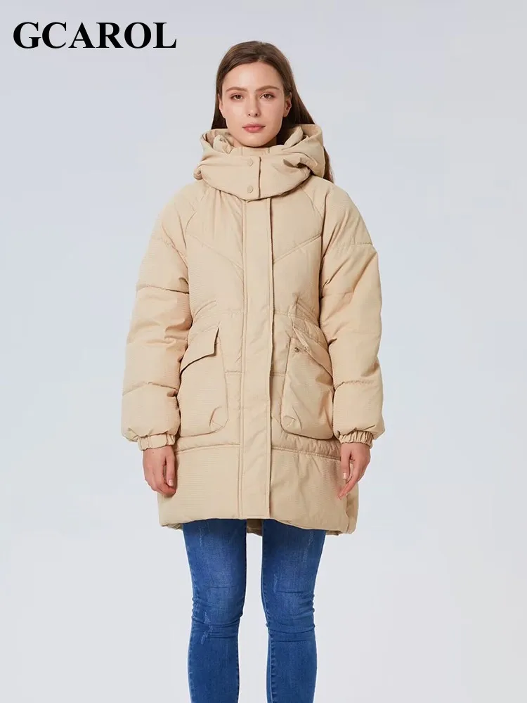 

GCAROL Women Winter Quilted Mid-length Coat Thickened Warm Detachable Hooded Jacket Drawstring Design Plus Size Overcoat