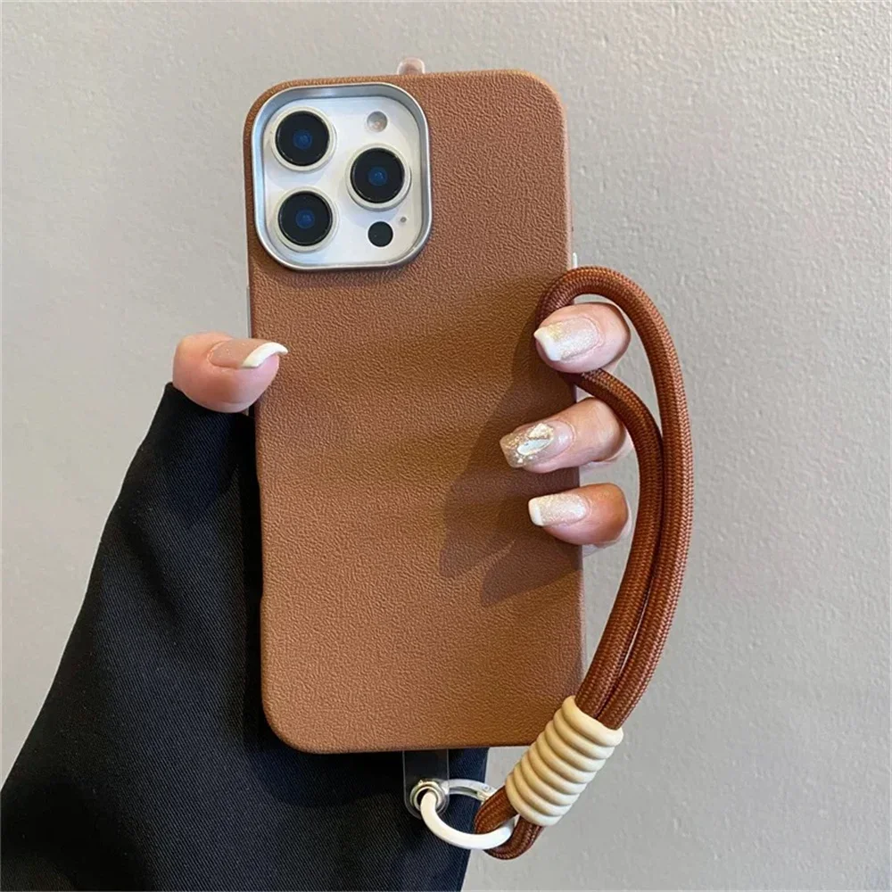 Luxury Leather Texture Soft TPU Lanyard Case - Solid Color Silicone Phone Cover