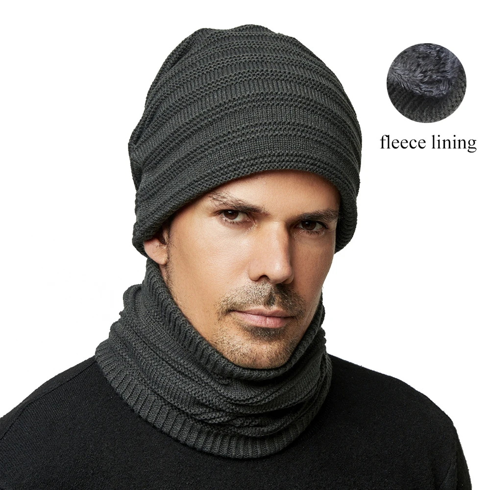 

Unisex Winter Knit Slouchy Hat Scarf Set Women Skullies Beanies For Men With Warm Fleece Lining