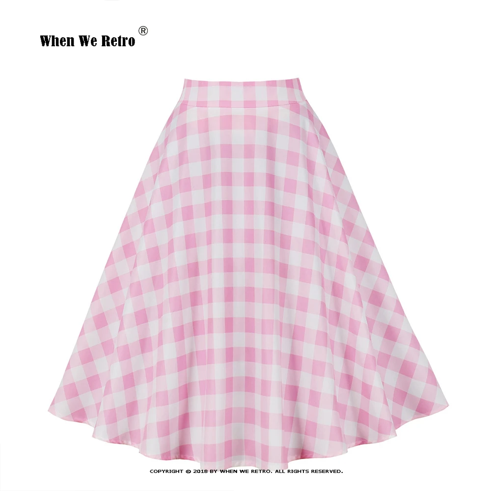 

New Pink Midi Skirt Pink Plaid Print Summer Women High Waist Runway Pleated Skirt Vintage 50s Rockabilly Skirt RS1342