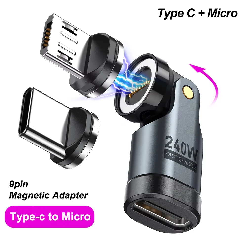 Enhanced Magnetic 9-Pin OTG Adapter - Type C to Micro/iOS Male Converter with 240W Fast Charging Capability