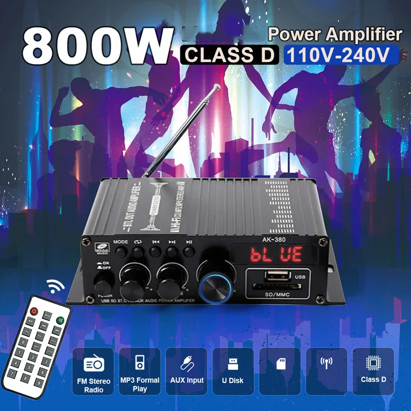 

Обновленный усилитель мощности AirAux AK380, усилитель звука для караоке, домашнего кинотеатра, 2-канальный усилитель класса D, FM-антенна, AUX