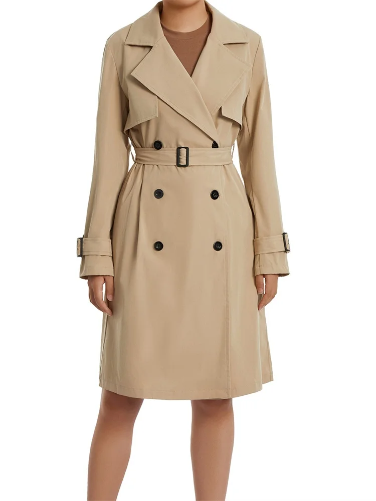 Women Fashion Long Trench Coats Solid Color Double-breasted Belted Windbreaker Fall Jackets Outerwear - 4