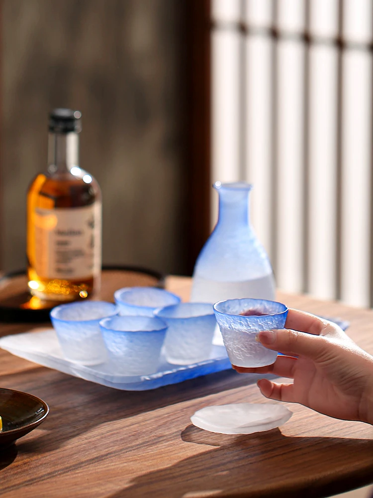 Japanese Blue Sake Wine Glass Set, Wine Pot, Tea Cup, Household Drinking Glasses, Fruit Shot Glass, Dispenser
