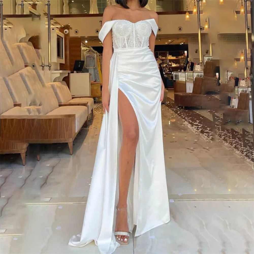 

Lily White Mermaid Elegant Sexy Wedding Party Dress Off the Shoulder Celebrity Dress Split Special Occasion Dress robes du soir