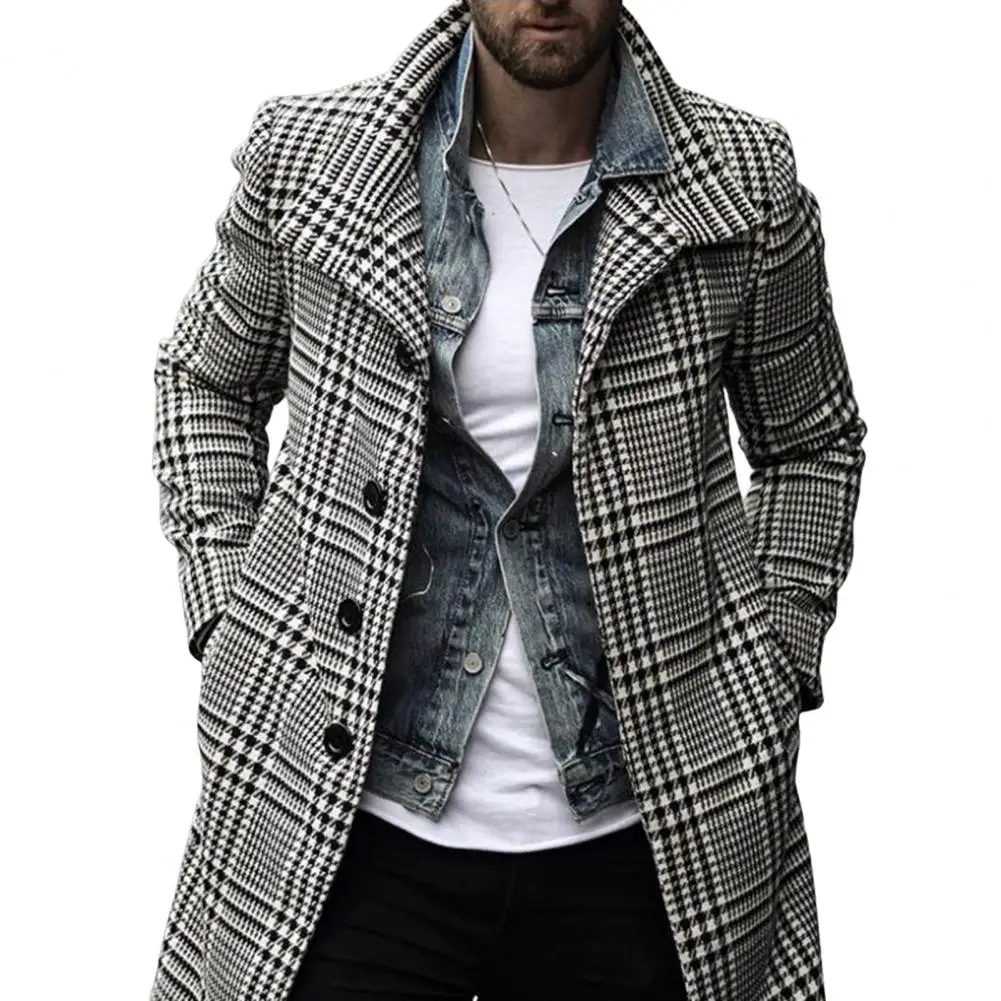 Description Picture 2 of itemStylish  Men Jacket Super Soft Coldproof Checkered Trench Coat Turndown Collar Washable Men Trench Coat for Daily Wear
