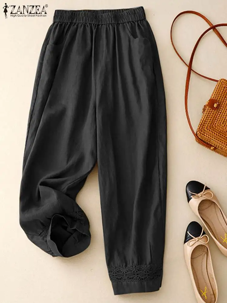 

Осенние модные длинные брюки ZANZEA, повседневные женские однотонные брюки, винтажные кружевные брюки с прострочкой, элегантные эластичные карманы на талии