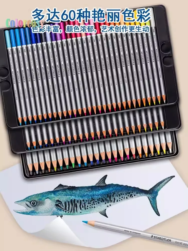 STAEDTLER 카라트 아쿠아렐 수용성 컬러 연필, 습식 및 건식 이중 사용, 풍부한 안료, 60 가지 생생한 색상, 125 M36, 125M60