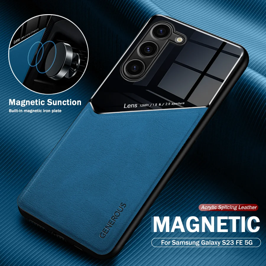Car Magnetic Holder Leather Back Cover For Samsung Galaxy S23 Fe 5G S23Fe 2023 Sm-S711B 6.4" Silicone Soft Edge Shockproof Coque