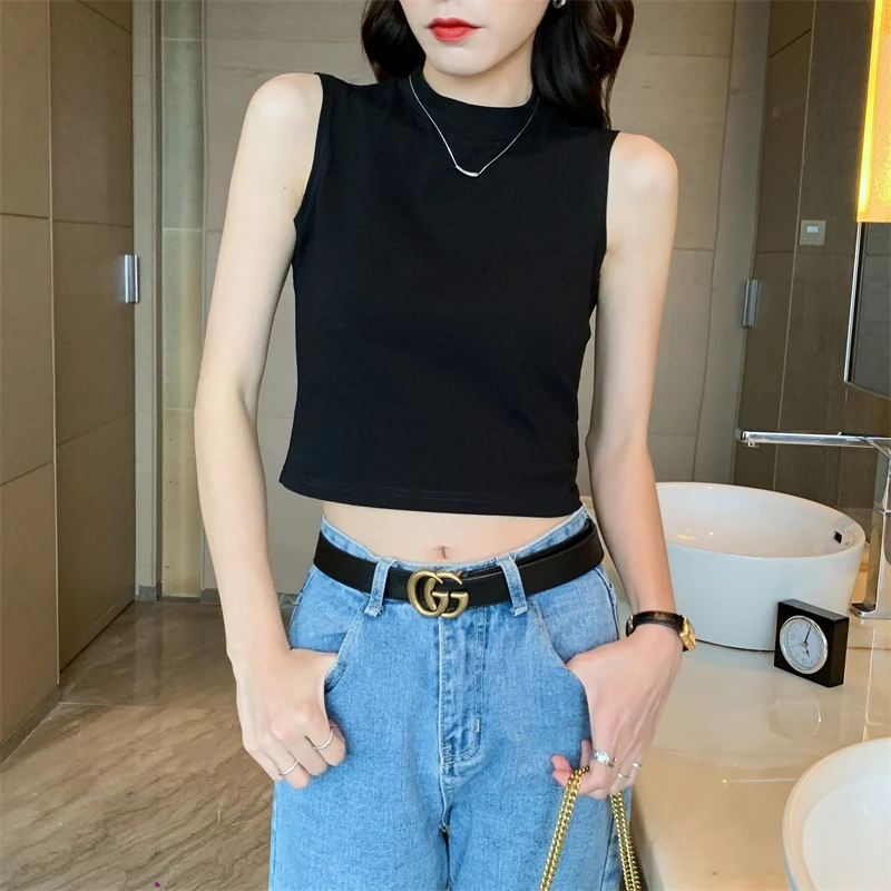 

Cotton Bottomed Undershirt Female Outwear Small High Neck Sleeveless T-shirt Women Inside The Shoulders of Small Suspenders Lady