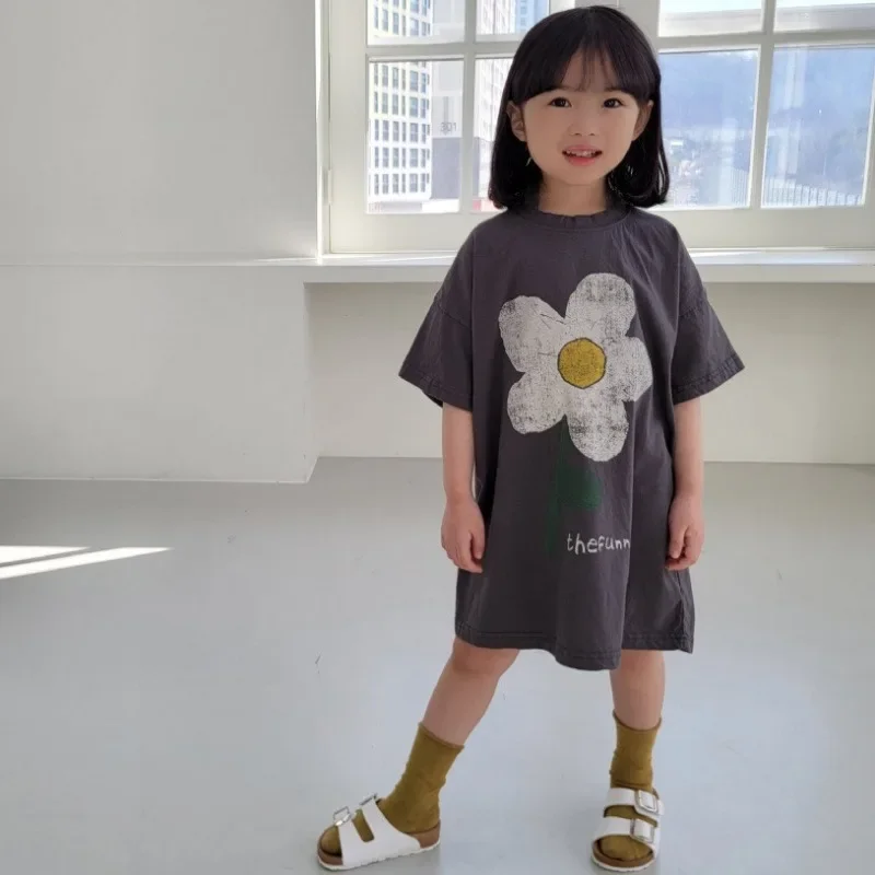 Girls Dress Summer Girls Short Sleeve Casual Dress Flower Print Long T-Shirts Loose Kid Princess Outfit