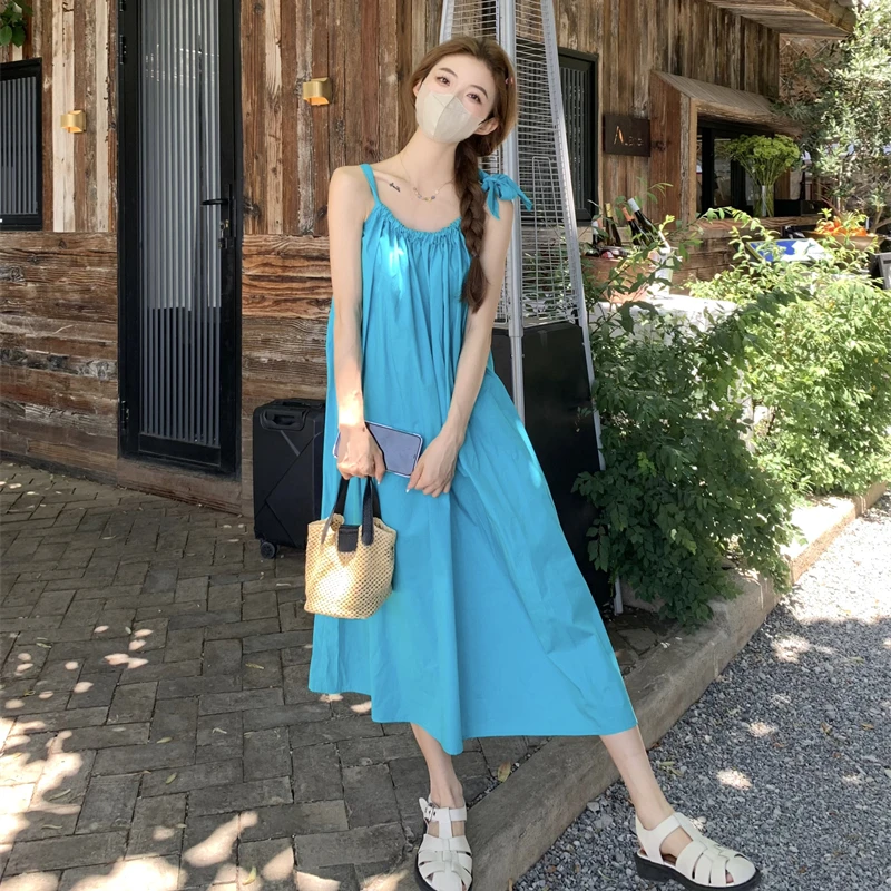 

Женское летнее платье для отпуска, свободное однотонное пляжное длинное платье с круглым вырезом без рукавов, модель H69, 2024