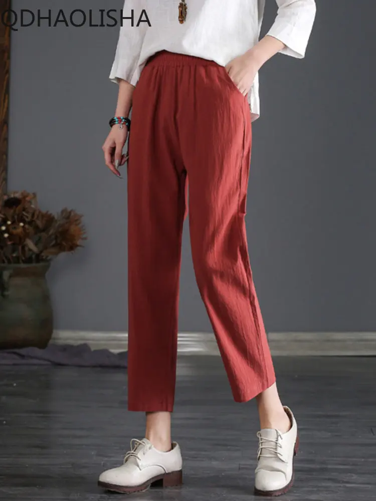 

Women Cropped Pants Long Cotton Spring Summer High Waist Elastic Cropped Pants Casual Streetwear Trousers Korean Baggy Solid
