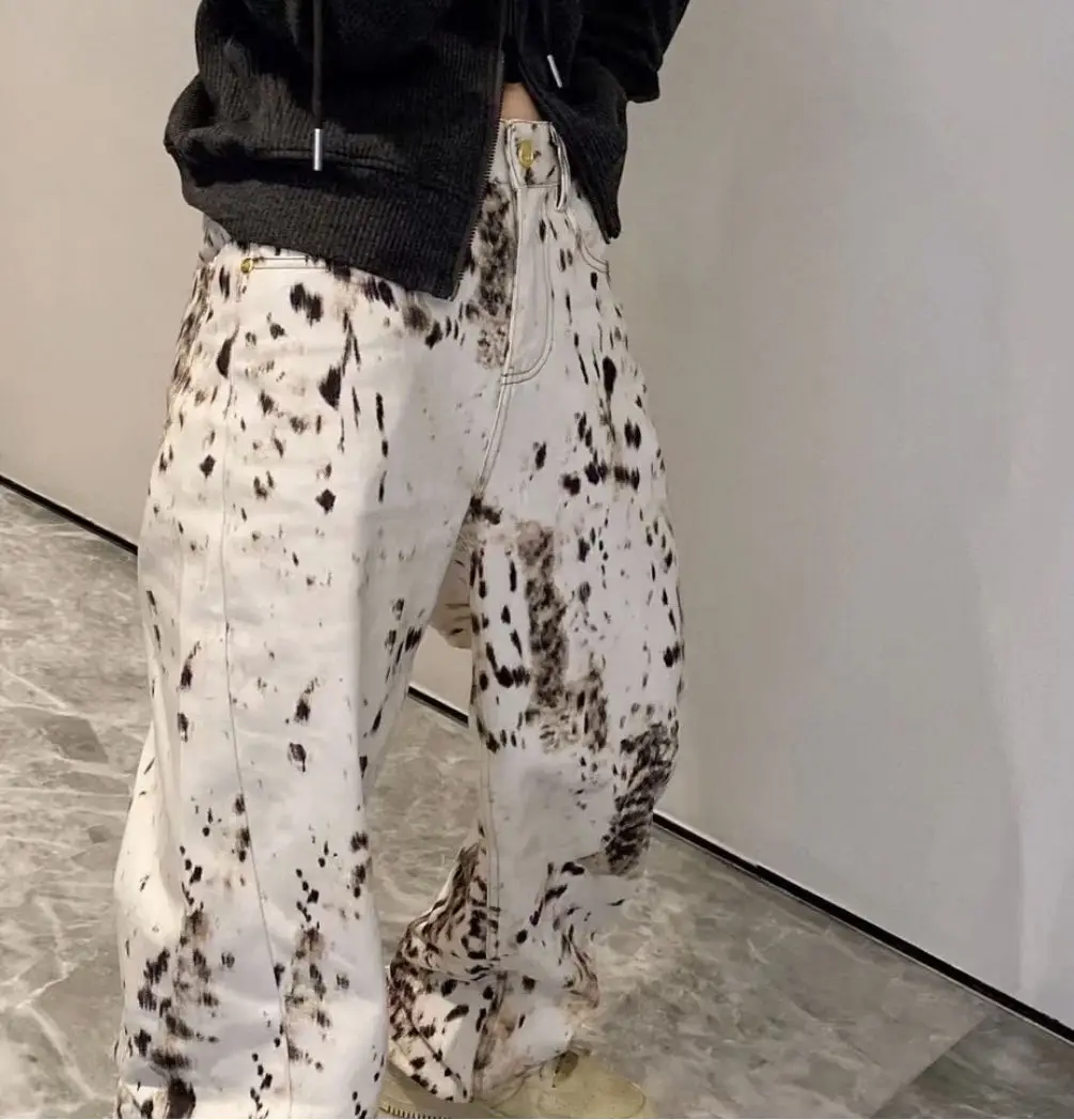 American High Street Baggy Wide Leg Jeans Women Leopard Print High Waist Straight Pants 2024 Spring Summer Retro Denim Trouser