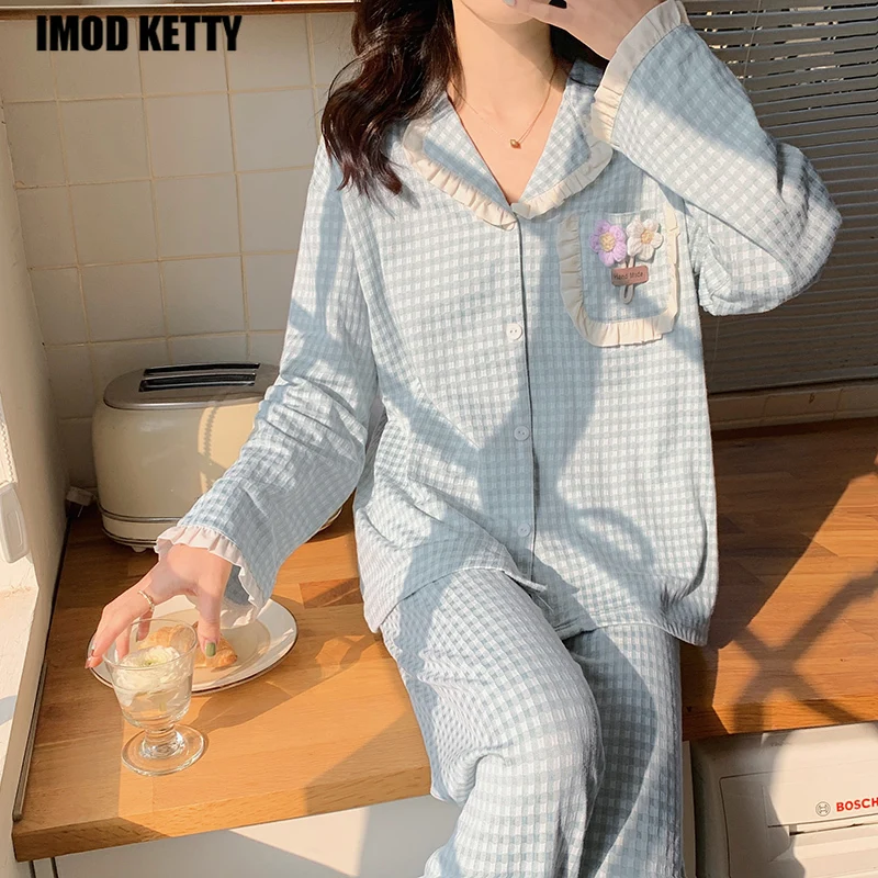 

Casual Women's Pajamas Set Sleepwear Pyjamas Loungewear Long Sleeve Tops+Pants Two Pieces Suit Ladies Pijama Nightwear Home Wear