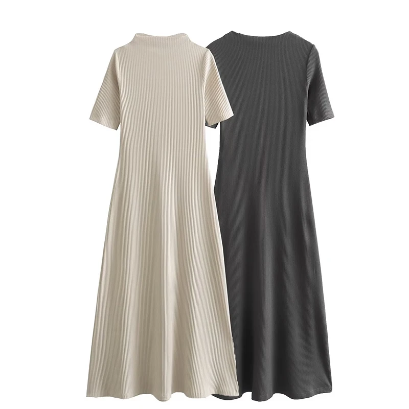 

Vintage Women Round Neck Short Sleeve A-line Long Rib Dresses