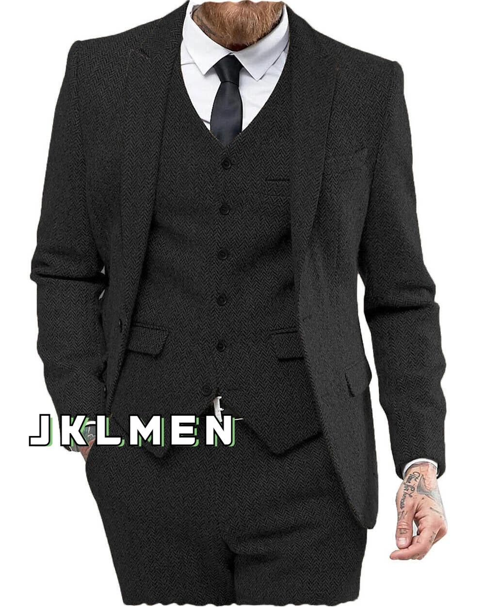 3 Piece Business Mens Suits  Tweed Herringbone Blazer Wool Tuxedo Stitching Style Groosemen for Wedding(Blazer+vest+Pants)