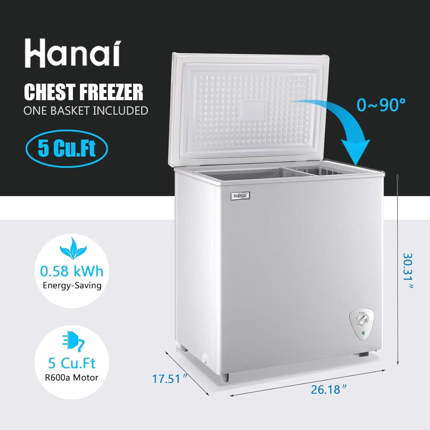 Chest Freezer Compact Deep Freezer WANAI 5.0 Cu.Ft for Garage Adjustable Temperature 7 Thermostat and Energy Saving Removable