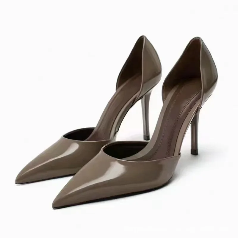 

Spring 2023 New Slim Toe Slim Heel Elegant Single Shoe Brown Lacquer Leather French Small Crowd Pointed High Heels Women's Shoes