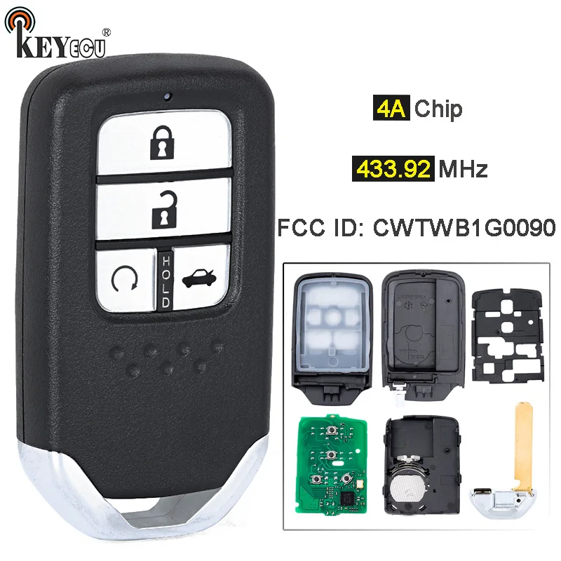 

KEYECU 433.92MHz 4A Chip FCC ID: CWTWB1G0090 Replacement 4 Button Smart Remote Key Fob for Honda Accord 2018 2019 2020 2021