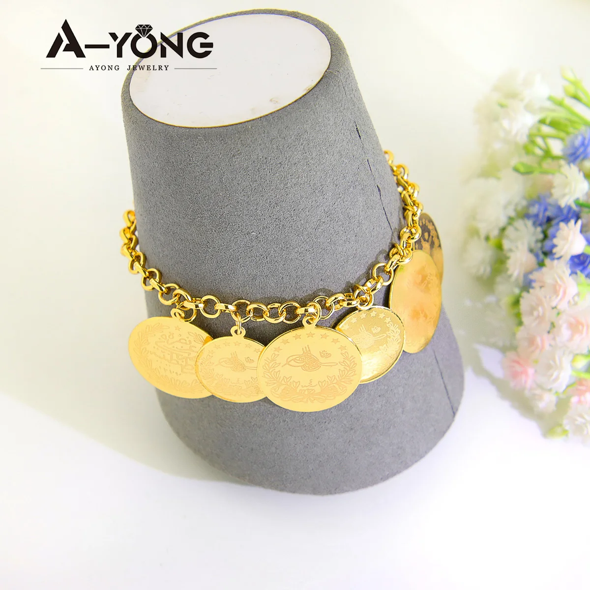 Arabische Goldmünzen-Anhänger-Armband, 18 Karat vergoldet, türkische Mode-Armreifen, Oman, muslimische islamische Frau, Party-Event, Schmuck, Geschenke – Detail 7