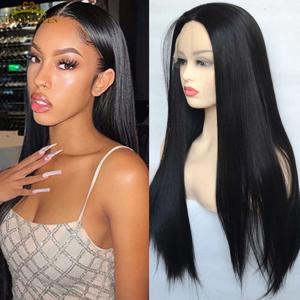 

Vogue Queen 1B Natural Black Synthetic Lace Front Wig Pre Plucked Heat Resistant Silky Straight Daily Wear For Women