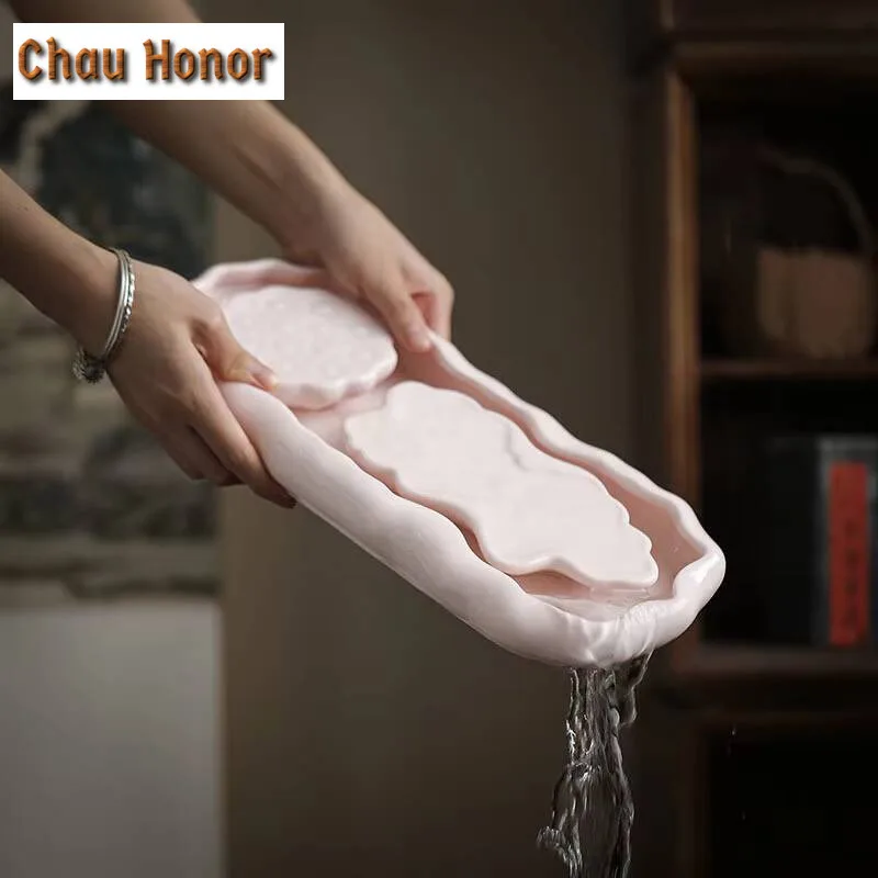 Japanese Style Pink Jade Porcelain Dry Bubble Table Tea Tray Household Small Tray  Kung Fu Teaset Water Storage Accessories Gift